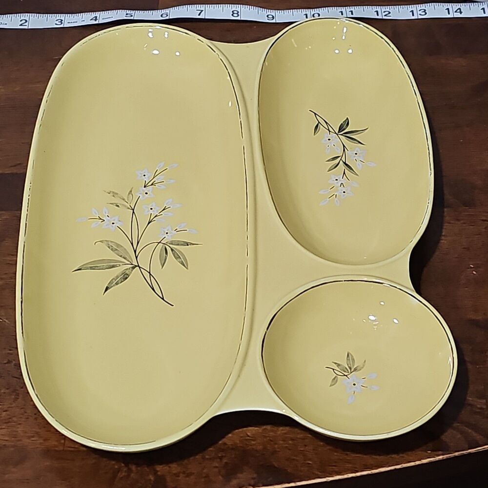 Vintage MCM Yellow 3-Section Divided Relish Dish Serving Tray White Floral Gold